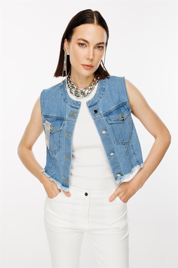 Taş Broş Detaylı Kısa Kot Yelek-A.MAVI