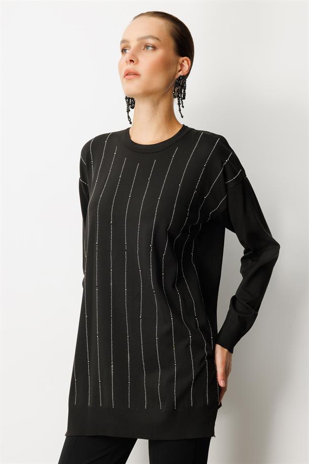 Taş Desen Çizgili Triko Tunik Kazak-SİYAH