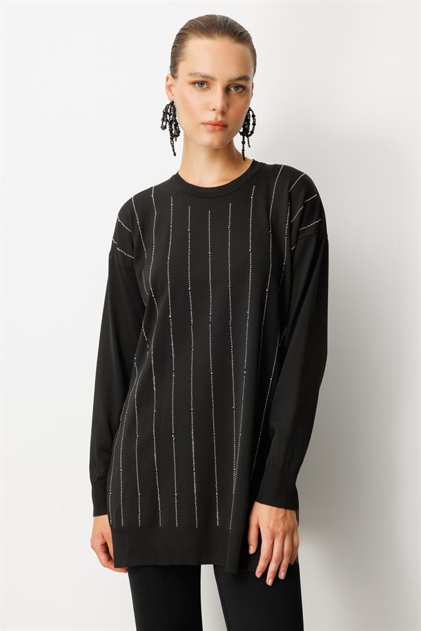 Taş Desen Çizgili Triko Tunik Kazak-SİYAH