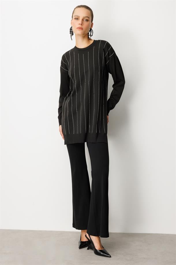 Taş Desen Çizgili Triko Tunik Kazak-SİYAH