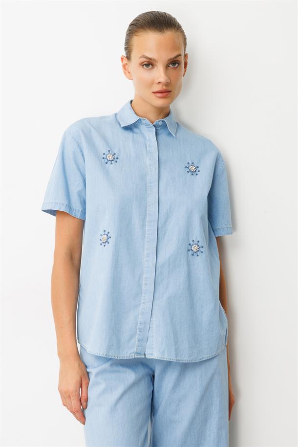 Taş Desen Pamuklu Kot Gömlek-MAVİ