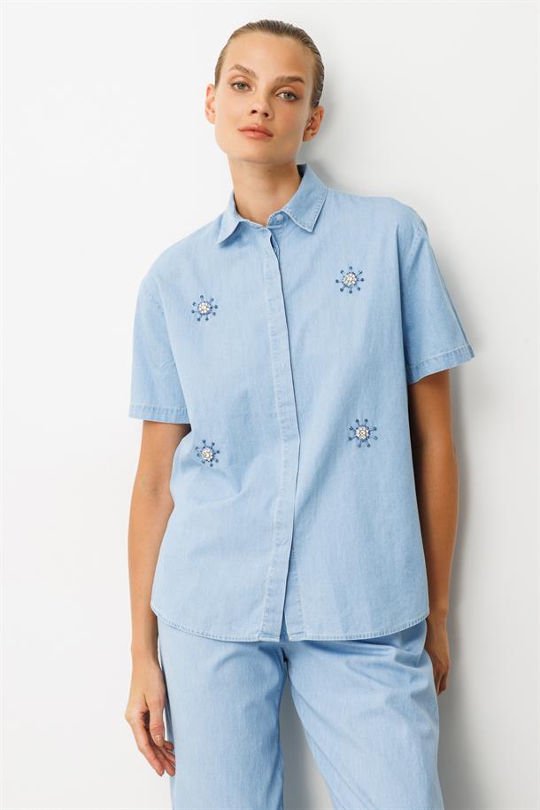 Taş Desen Pamuklu Kot Gömlek-MAVİ