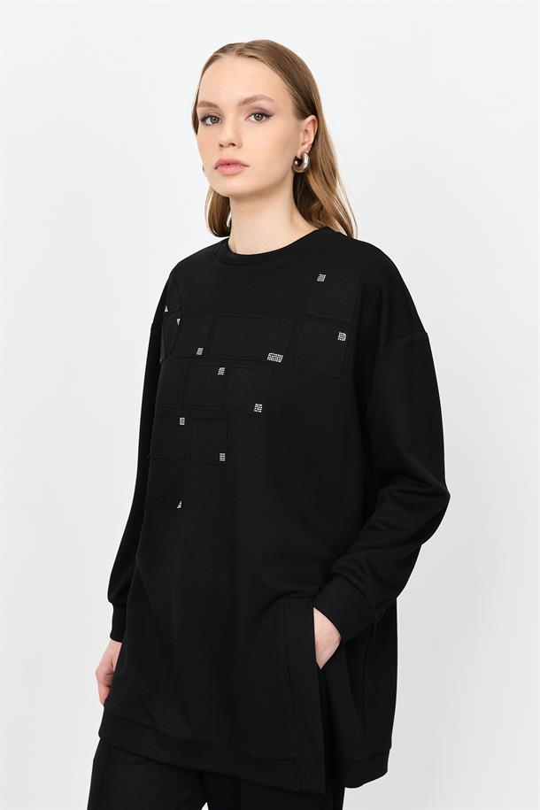 Taş Detay Yırtmaçlı Sweatshirt-SİYAH