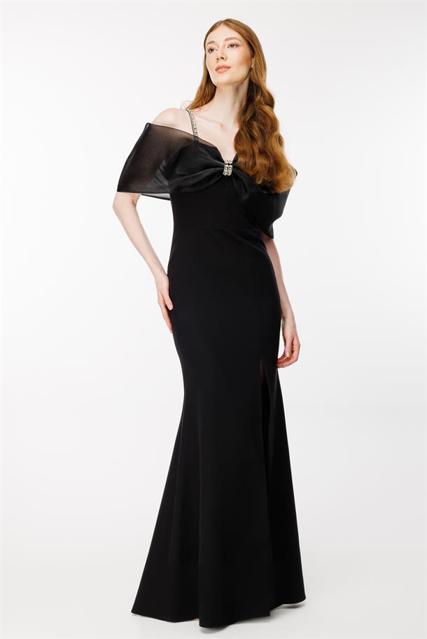 Taş Detaylı Balon Kol Uzun Abiye-SİYAH