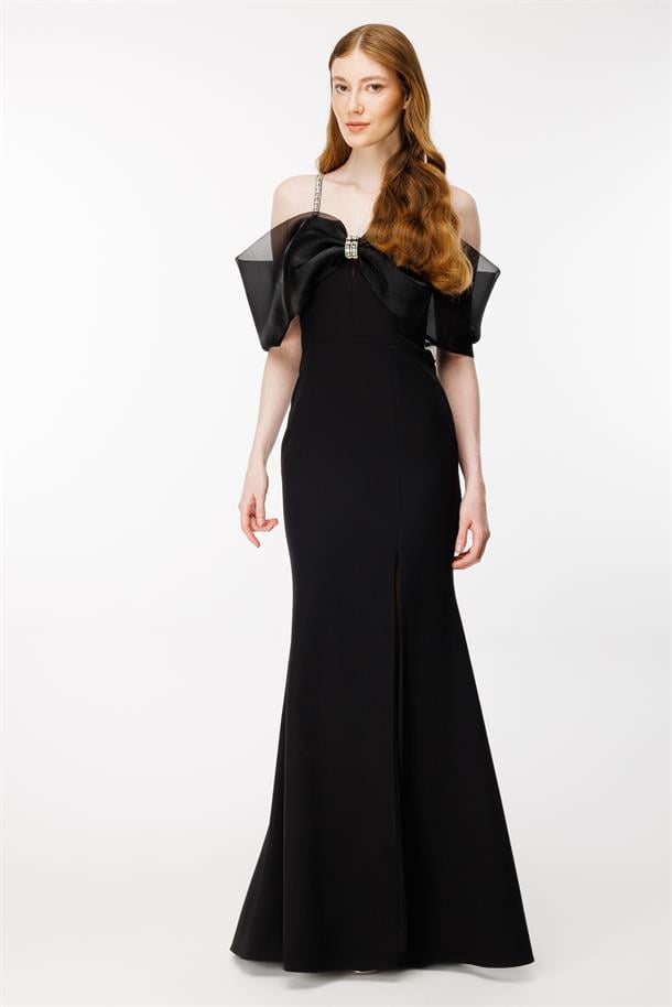 Taş Detaylı Balon Kol Uzun Abiye-SİYAH