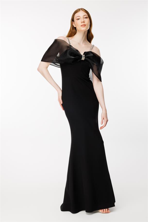 Taş Detaylı Balon Kol Uzun Abiye-SİYAH