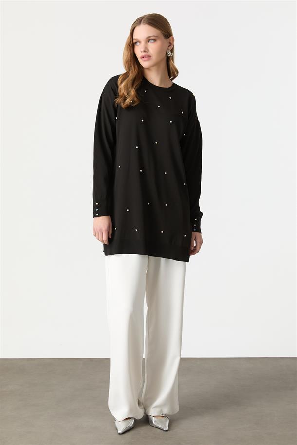 Taş Detaylı Triko Tunik Kazak-SİYAH