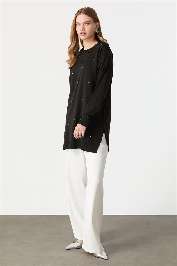 Taş Detaylı Triko Tunik Kazak-SİYAH