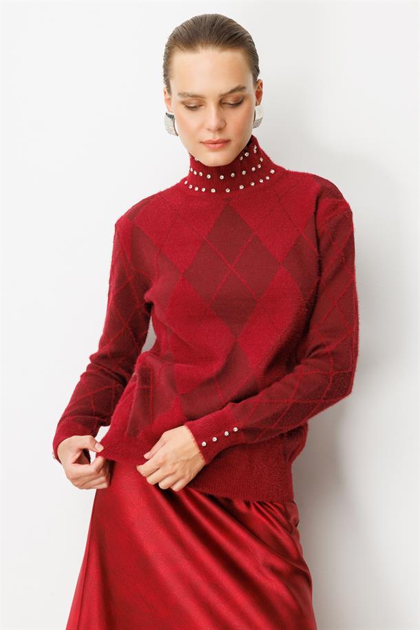 Taş Detaylı Yarım Balıkçı Triko Kazak-BORDO