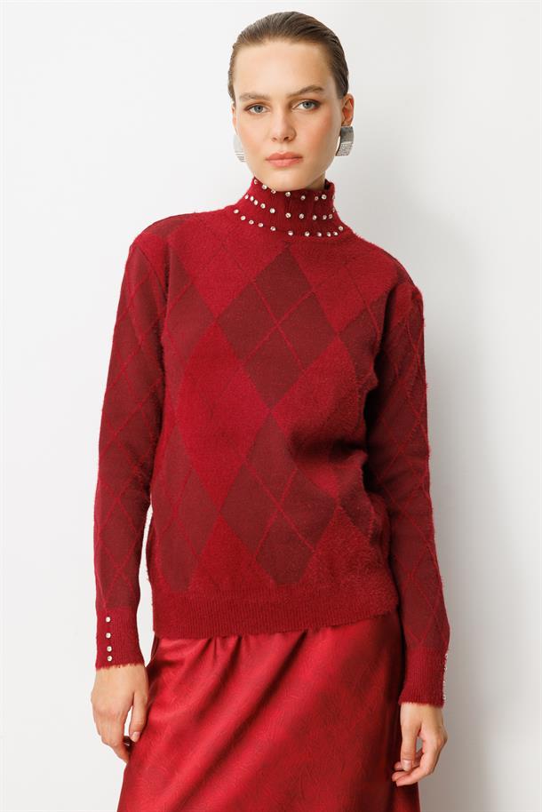 Taş Detaylı Yarım Balıkçı Triko Kazak-BORDO