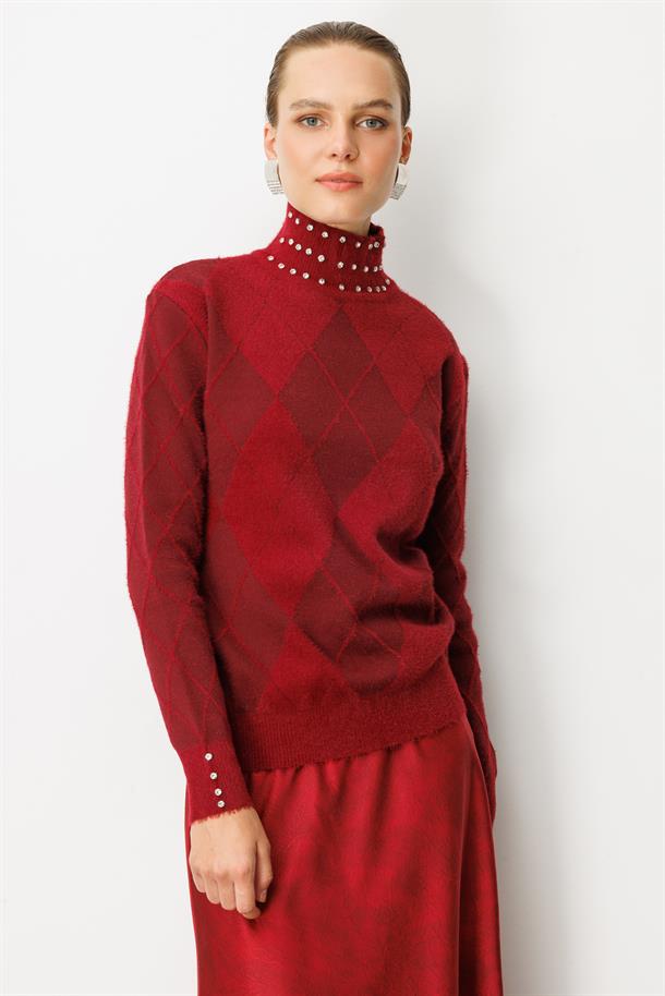 Taş Detaylı Yarım Balıkçı Triko Kazak-BORDO