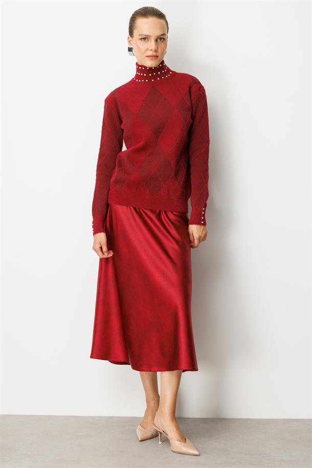 Taş Detaylı Yarım Balıkçı Triko Kazak-BORDO