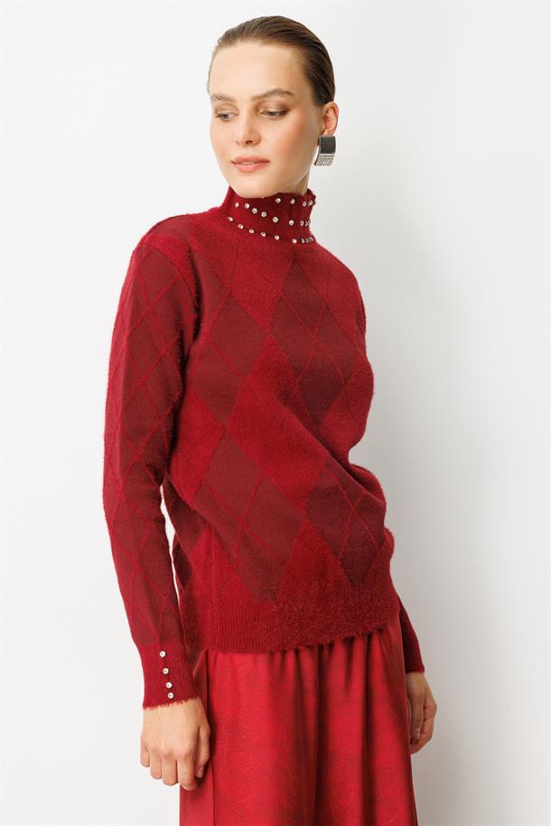 Taş Detaylı Yarım Balıkçı Triko Kazak-BORDO