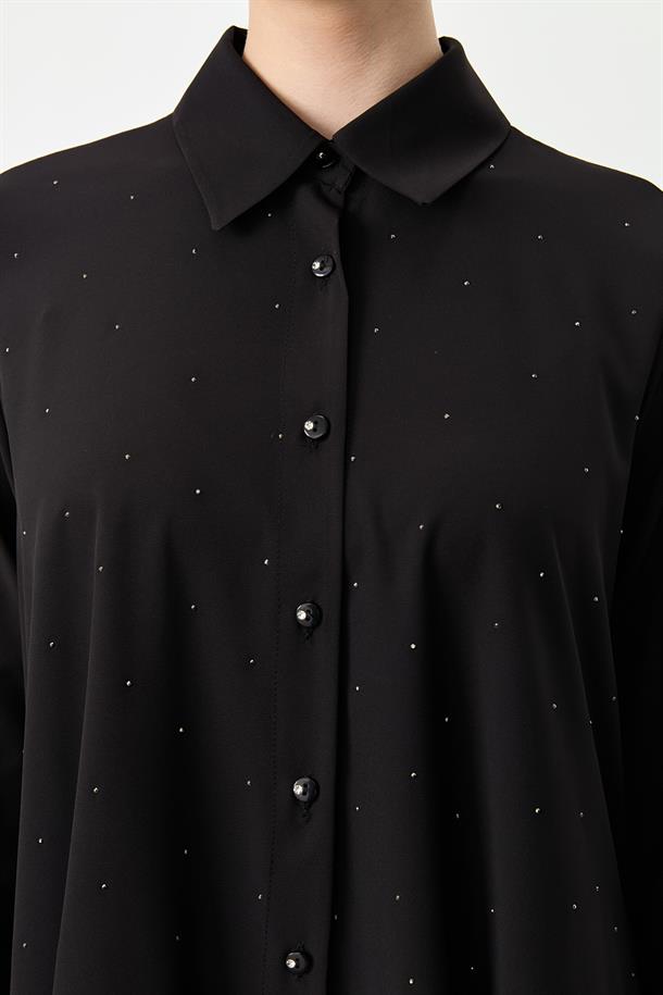 Taş Düğme Asimetrik Kesim Gömlek-SİYAH