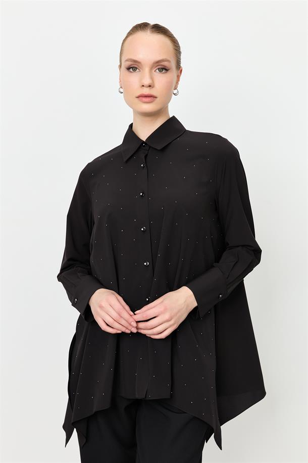 Taş Düğme Asimetrik Kesim Gömlek-SİYAH