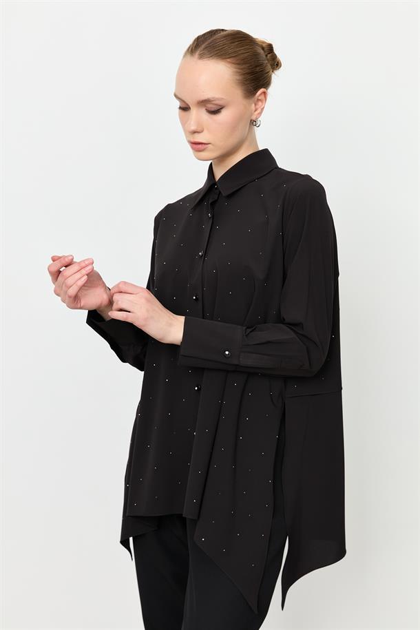 Taş Düğme Asimetrik Kesim Gömlek-SİYAH