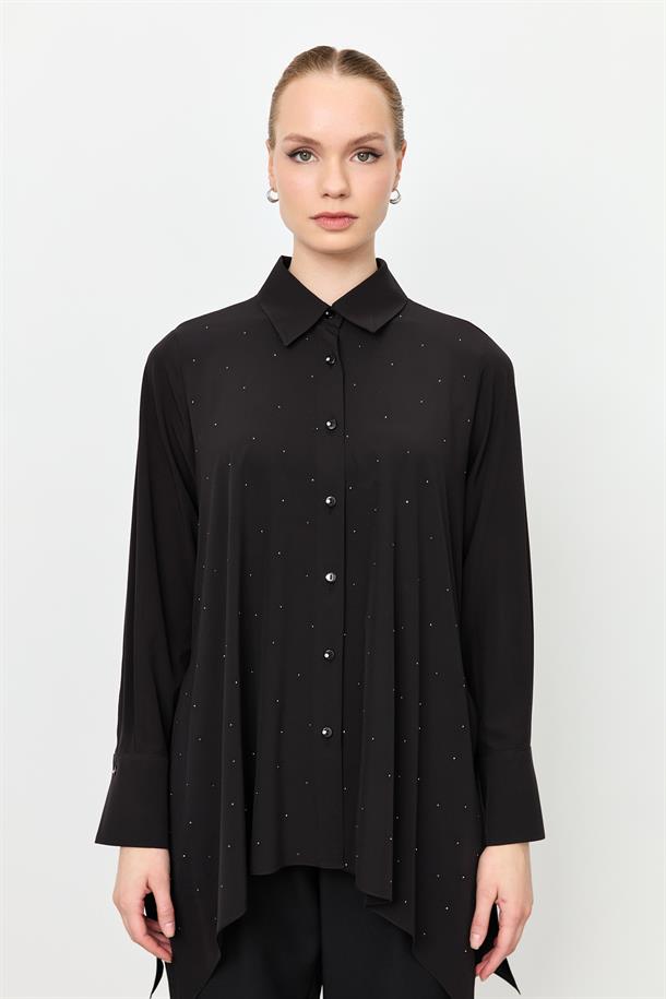 Taş Düğme Asimetrik Kesim Gömlek-SİYAH
