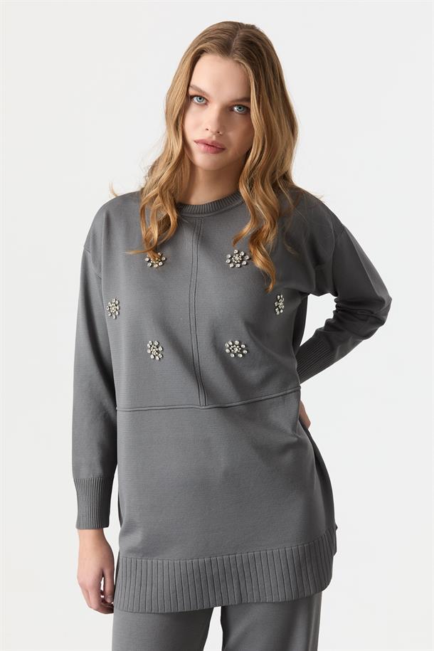 Taş İşleme Detaylı Triko Takım-GRİ