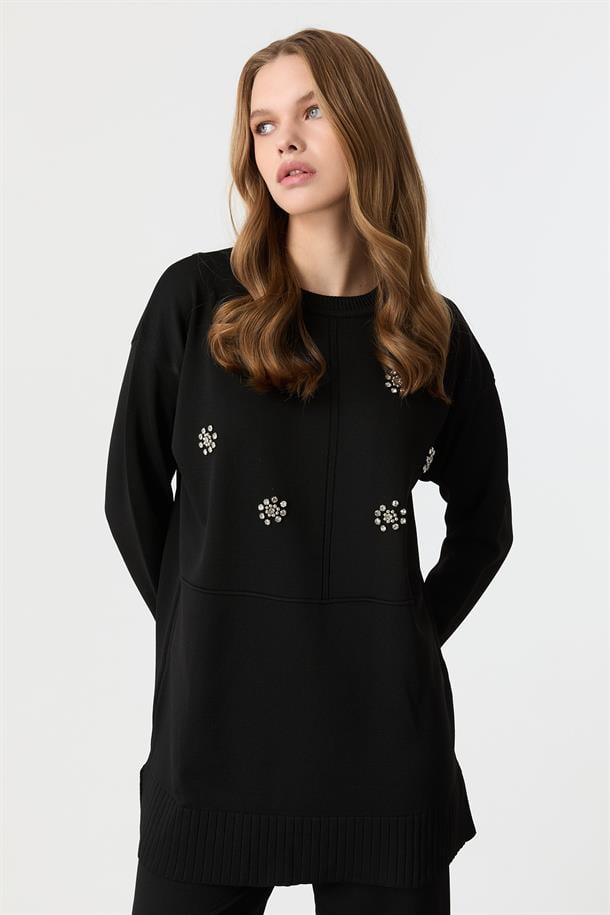 Taş İşleme Detaylı Triko Takım-SİYAH