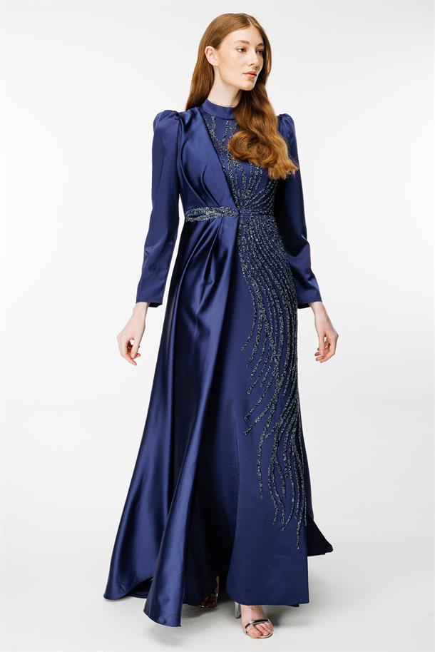 Taş İşlemeli Saten Uzun Abiye-LACI