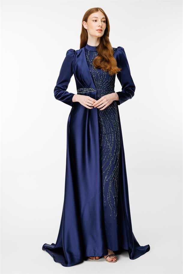 Taş İşlemeli Saten Uzun Abiye-LACI