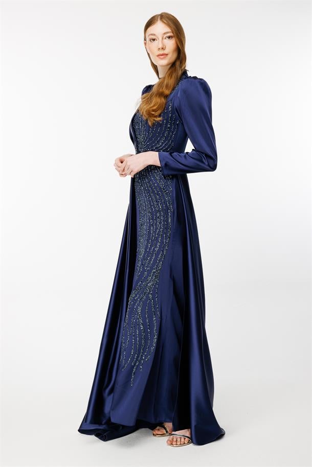 Taş İşlemeli Saten Uzun Abiye-LACI