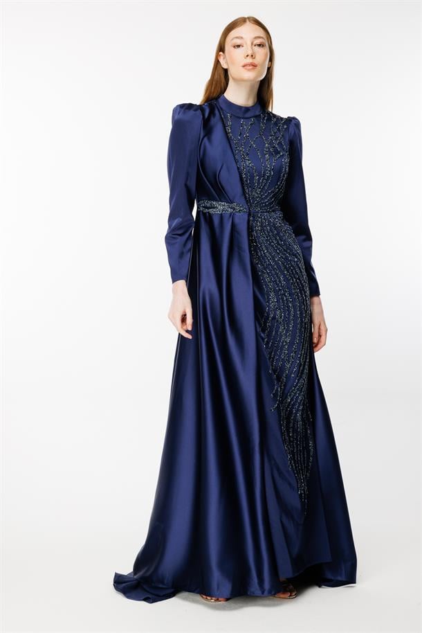 Taş İşlemeli Saten Uzun Abiye-LACI