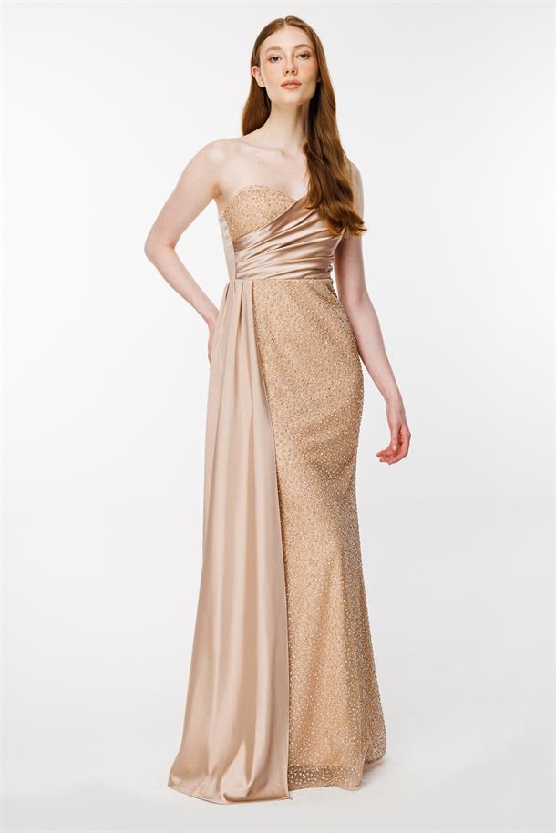 Taş İşlemeli Tek Omuz Uzun Abiye-GOLD