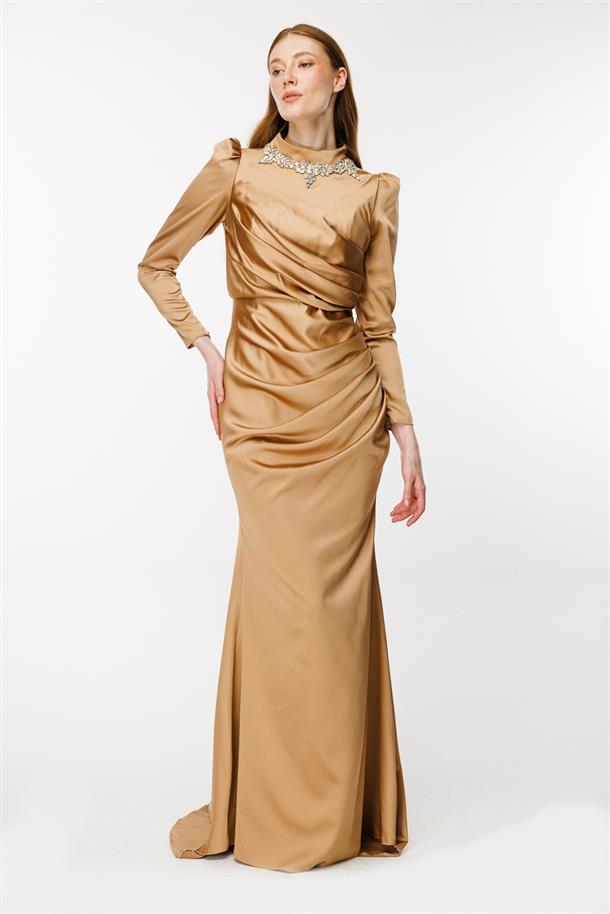 Taş Ve Drape Detaylı Uzun Abiye-BRONZ