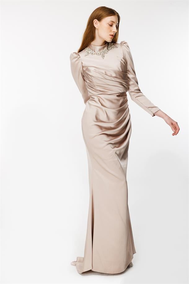 Taş Ve Drape Detaylı Uzun Abiye-TAŞ