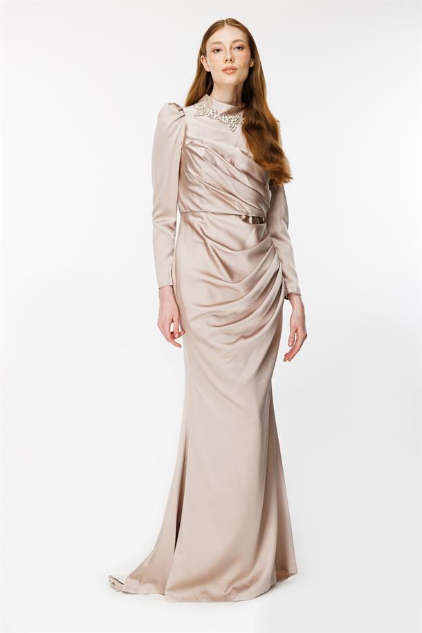 Taş Ve Drape Detaylı Uzun Abiye-TAŞ