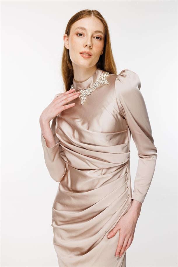 Taş Ve Drape Detaylı Uzun Abiye-TAŞ