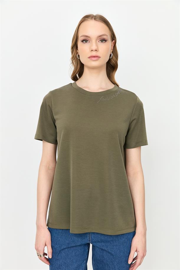 Taş Yazı Detaylı Bluz-HAKİ