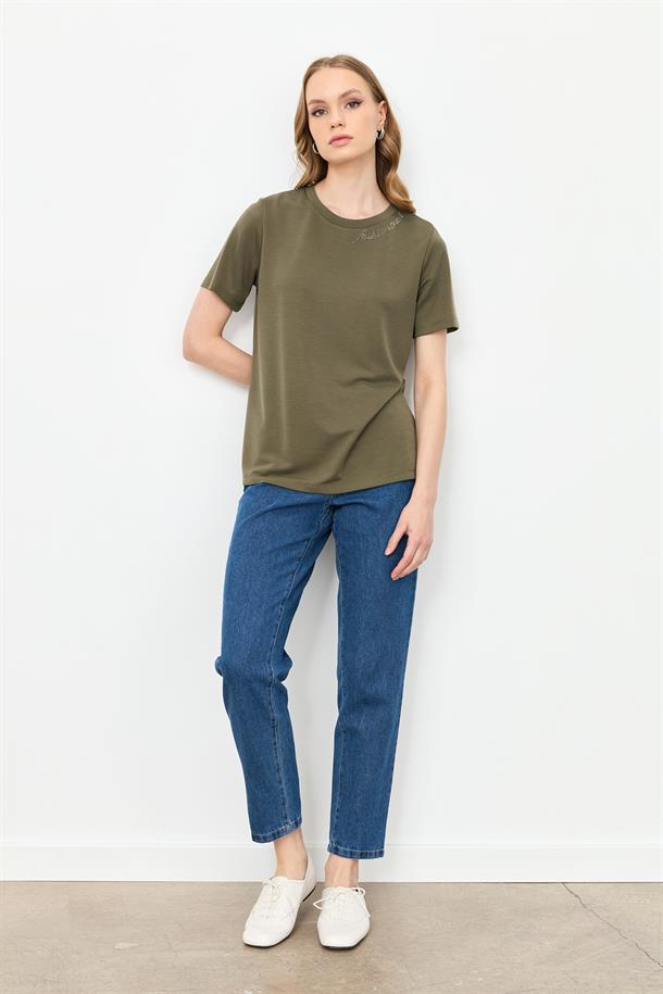 Taş Yazı Detaylı Bluz-HAKİ