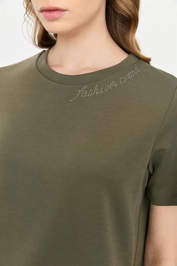 Taş Yazı Detaylı Bluz-HAKİ