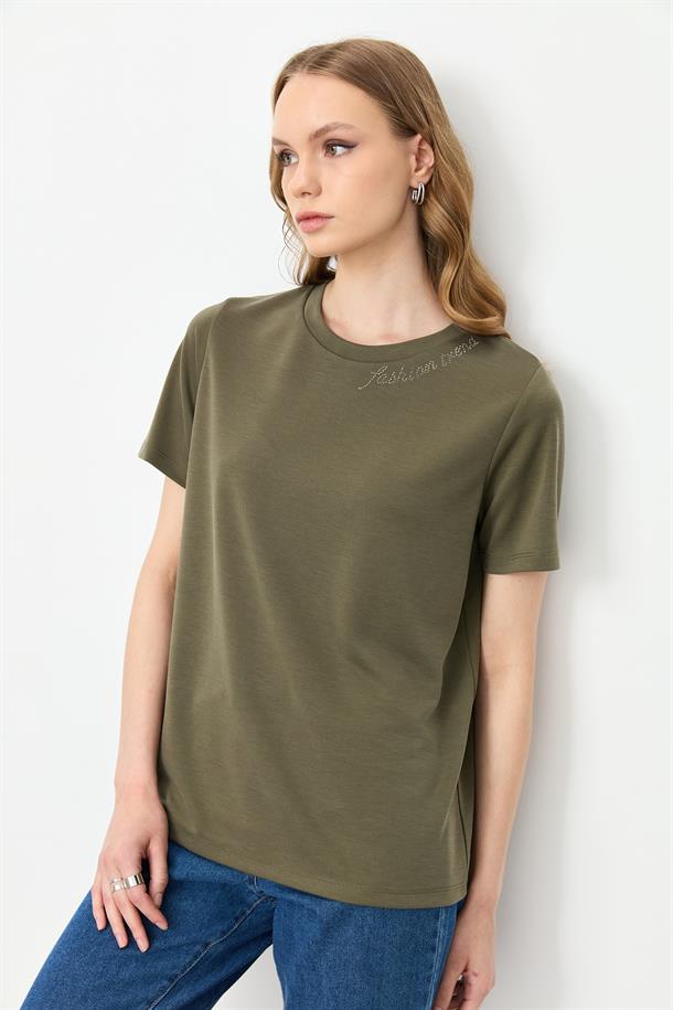 Taş Yazı Detaylı Bluz-HAKİ