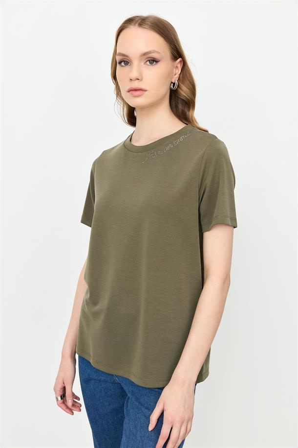 Taş Yazı Detaylı Bluz-HAKİ