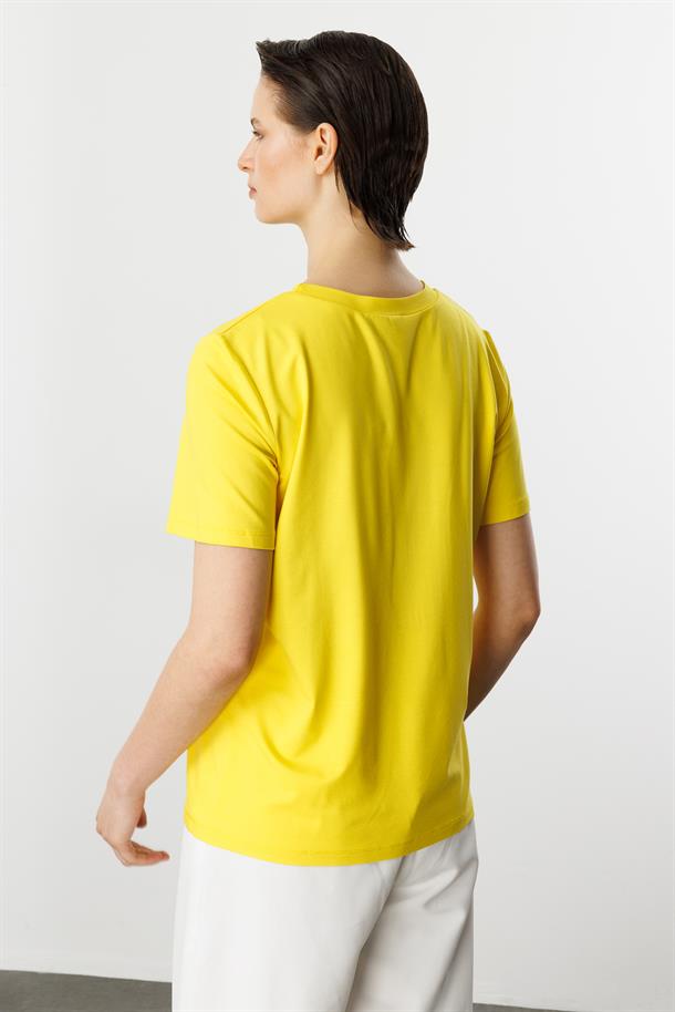 Taşlı Çiçek Desen Pamuklu Bluz-SARI