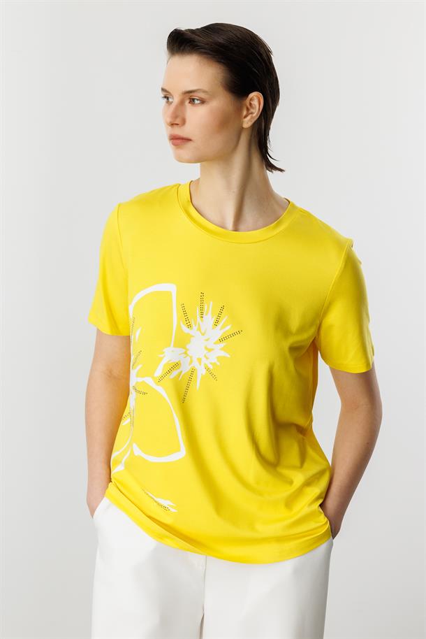 Taşlı Çiçek Desen Pamuklu Bluz-SARI