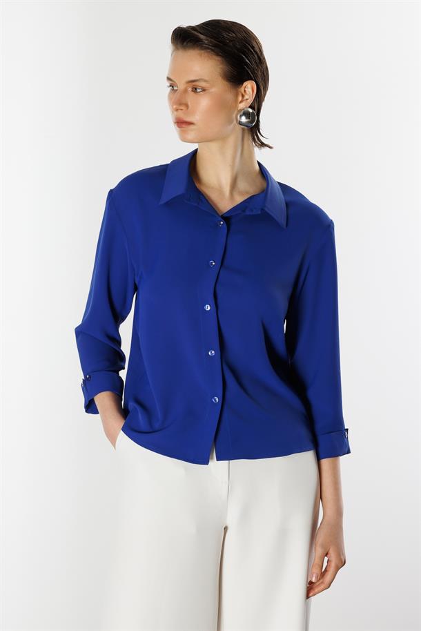 Taşlı Düğme Detaylı Gömlek-SAX