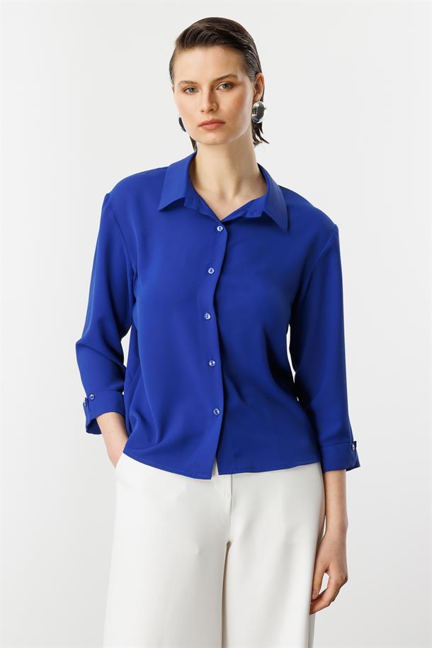 Taşlı Düğme Detaylı Gömlek-SAX