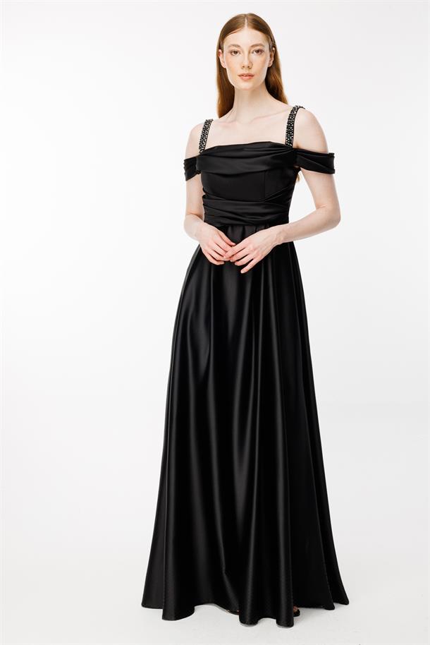 Taşlı İp Askılı Saten Uzun Abiye-SİYAH