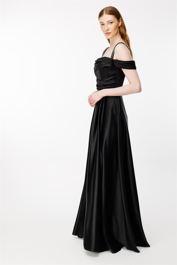 Taşlı İp Askılı Saten Uzun Abiye-SİYAH