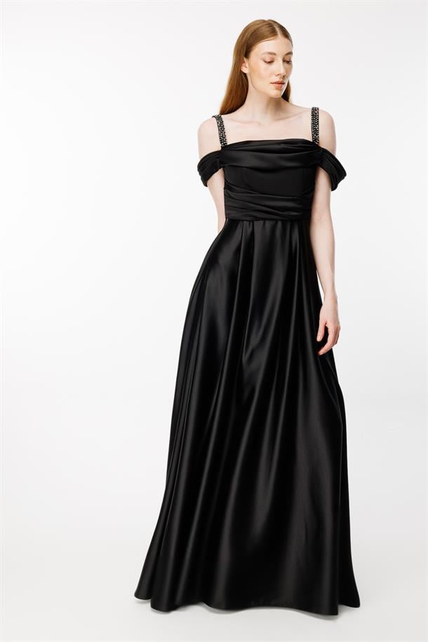 Taşlı İp Askılı Saten Uzun Abiye-SİYAH