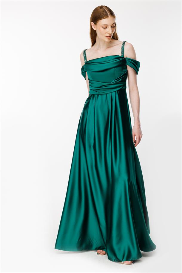 Taşlı İp Askılı Saten Uzun Abiye-YEŞİL