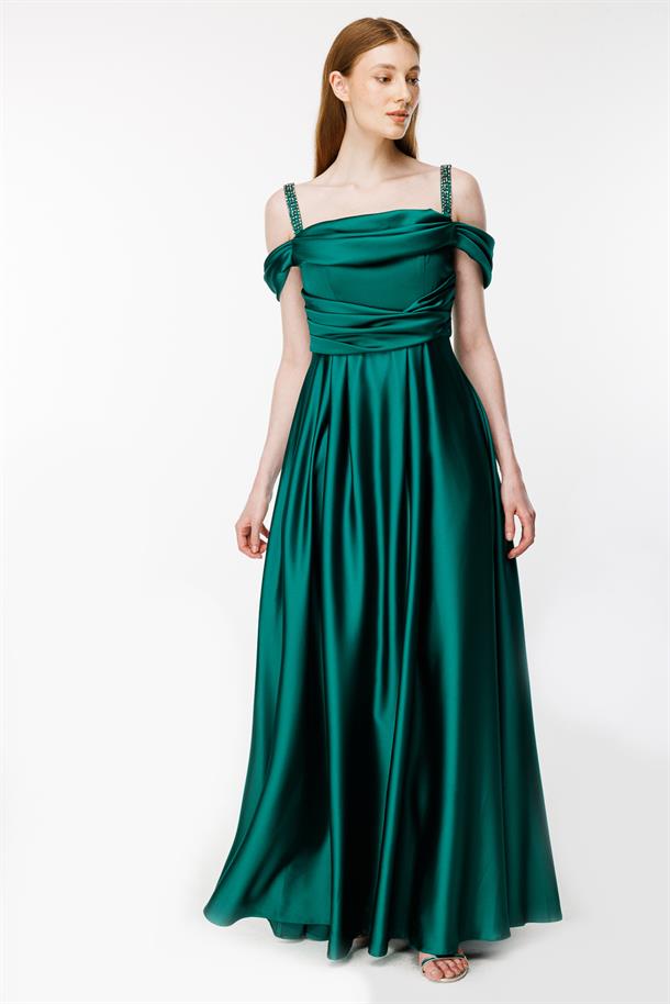 Taşlı İp Askılı Saten Uzun Abiye-YEŞİL