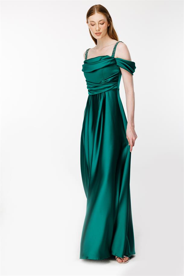 Taşlı İp Askılı Saten Uzun Abiye-YEŞİL