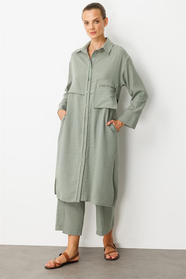 Tek Cep Keten Görünümlü Uzun Tunik-ÇAĞLA