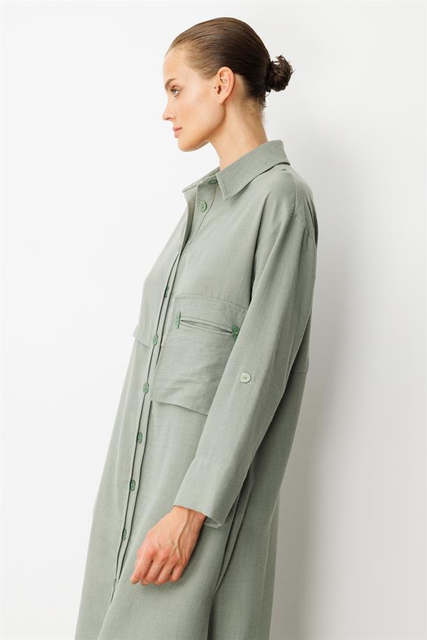 Tek Cep Keten Görünümlü Uzun Tunik-ÇAĞLA