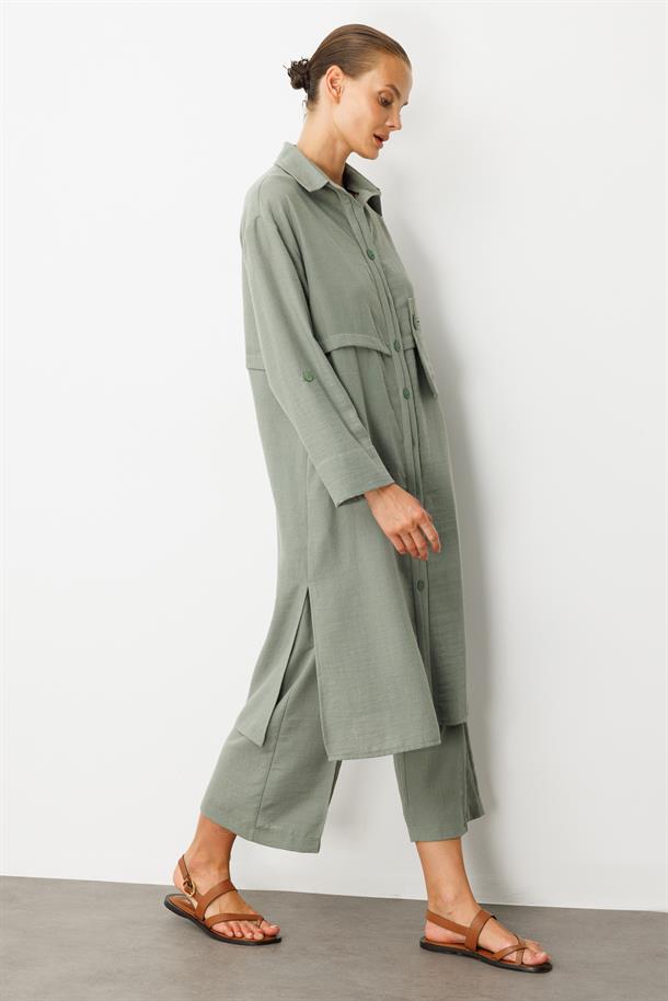 Tek Cep Keten Görünümlü Uzun Tunik-ÇAĞLA